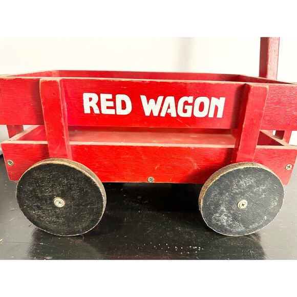 Antique Wooden Wagon Childrens Pull Toy, RED WAGON About 14"x11" Baby Decor - Picture 9 of 10